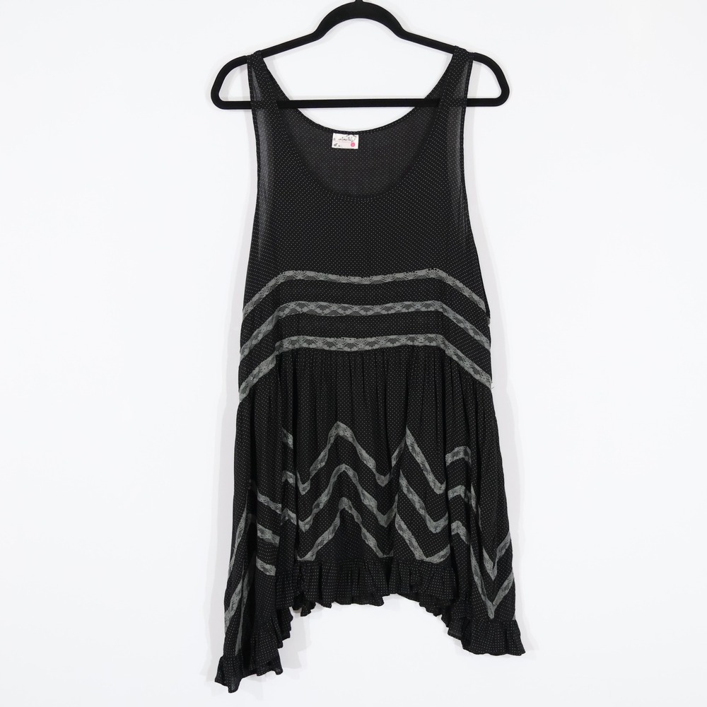 Intimately Free People Lace Trapeze Slip Dress Womens Large Black Boho Polka Dot